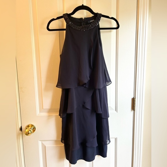 Chaps Dresses & Skirts - Chaps Navy Sequin Neck Chiffon Ruffled Dress Size 6